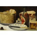 A framed oil on canvas of a still life of food and drink, unsigned. H.40 W.50cm.