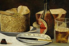 A framed oil on canvas of a still life of food and drink, unsigned. H.40 W.50cm.