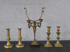 Two pairs of brass candlesticks and a 19th century Classical design two branch gilt spelter