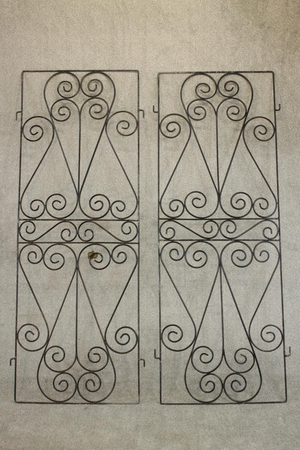 A pair of black painted wrought iron gates, decorated with spiral designs. H.177 W.64cm. (each)