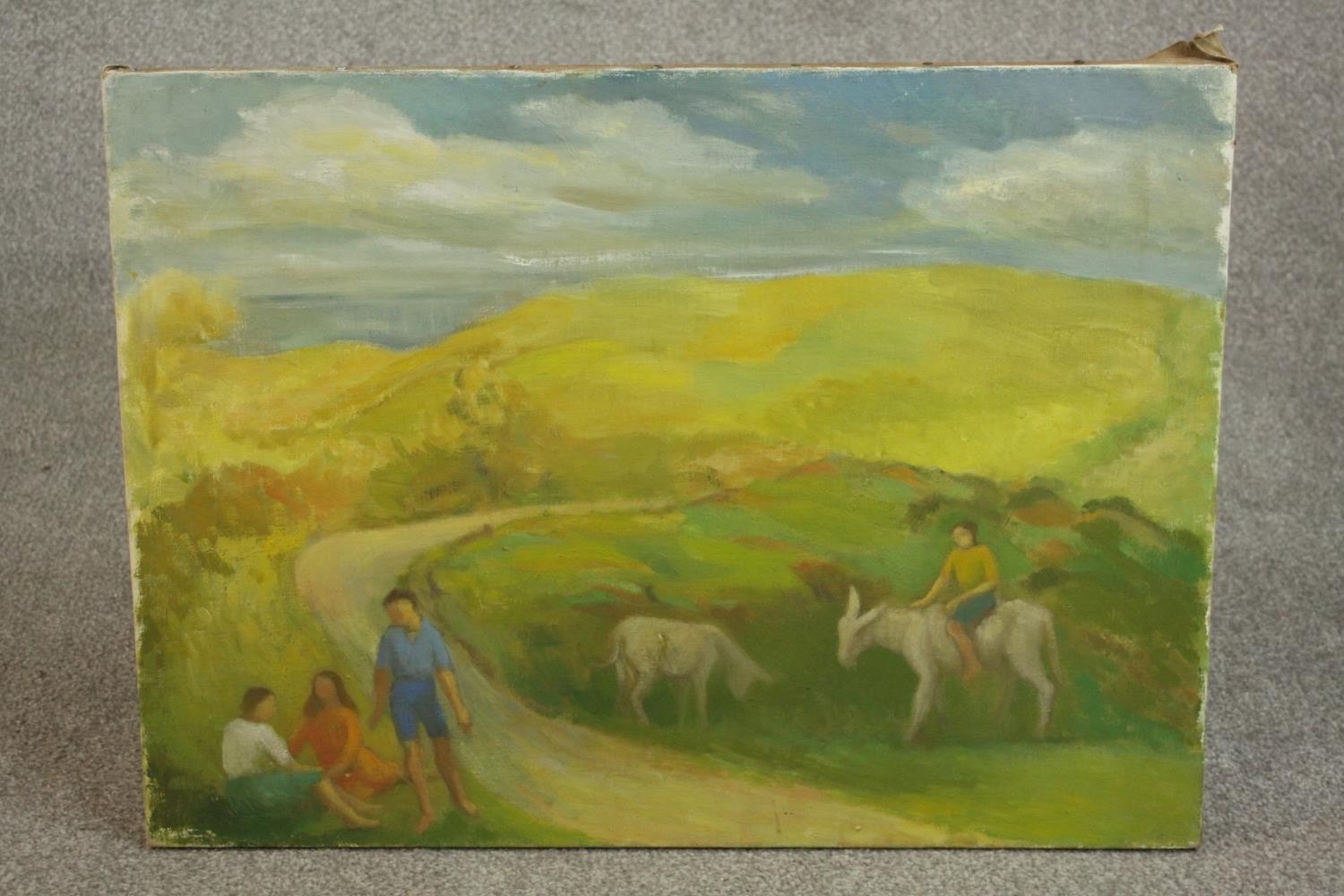 An unframed mid-century oil on canvas of a hillside landscape with figures and donkeys, unsigned. - Image 2 of 6