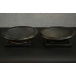 Two gold glaze art pottery bowls with two 19th century ebonised square stands. H.10 Dia.29cm. (each)