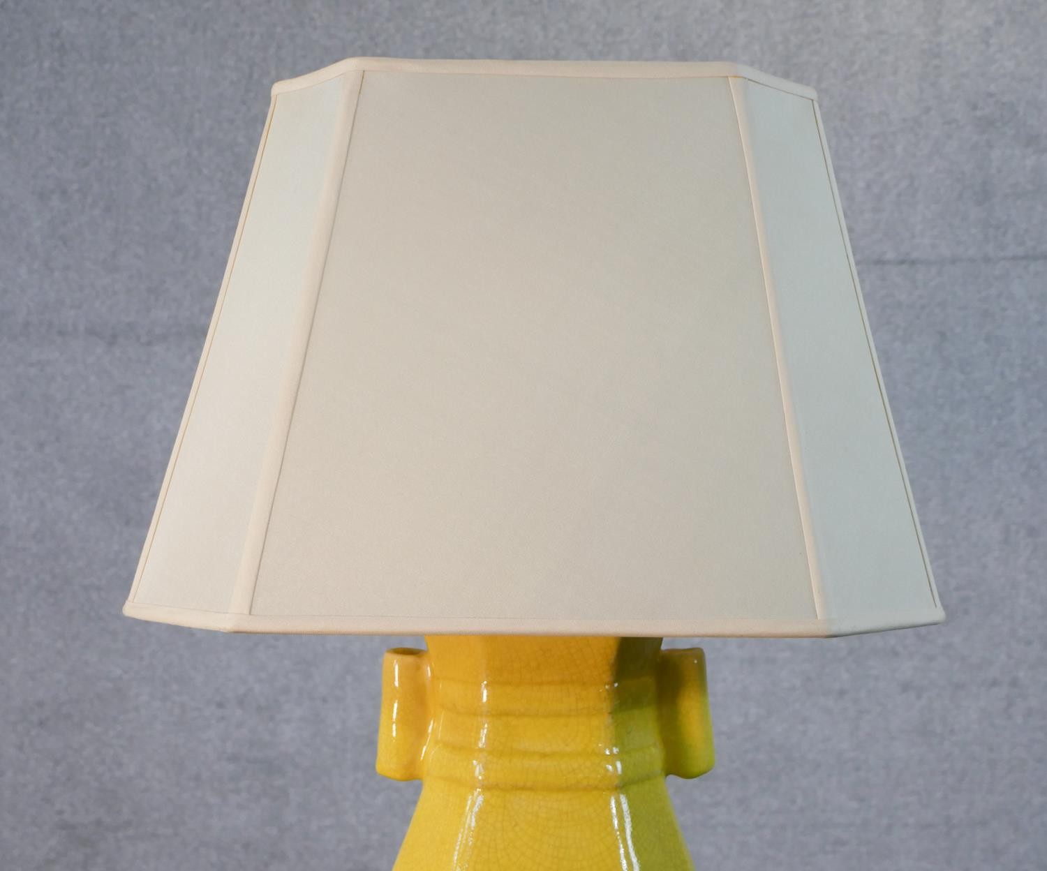 A Chinese yellow glaze vase design table lamp with cream shade. H.61 W.40cm - Image 4 of 6
