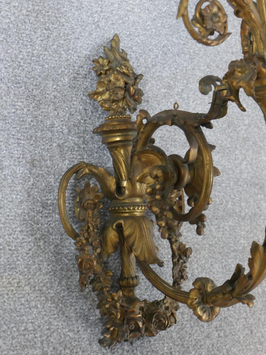 A late 19th century ormolu wall applique, the torch form wall mount hung with garlands of flowers - Image 3 of 8