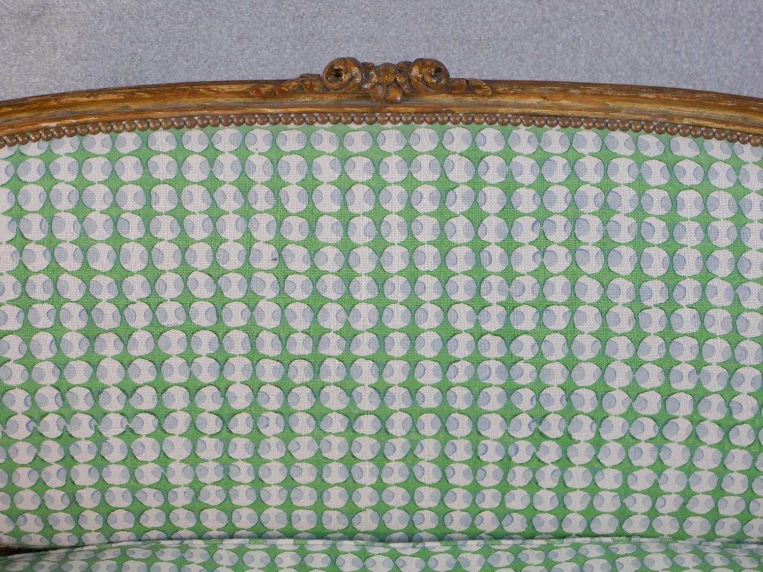 A carved Louis XVI style canape reupholstered in a retro style pale sage patterned material. H.91 - Image 5 of 6