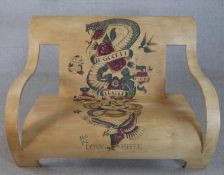 After Gerald Summers (1899-1967), armchair, laminated and moulded birch plywood, printed with tattoo