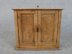 A 19th century pine wall hanging kitchen cupboard, with two cupboard doors opening to reveal shelves