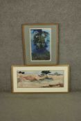 Two framed and glazed watercolours, one of flowers and one of a landscape, both indistinctly signed.