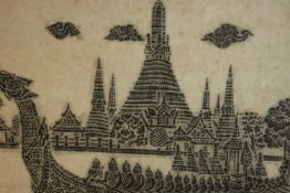 A framed and glazed Thai temple charcoal rubbing on rice paper of the Thai Royal barge sailing