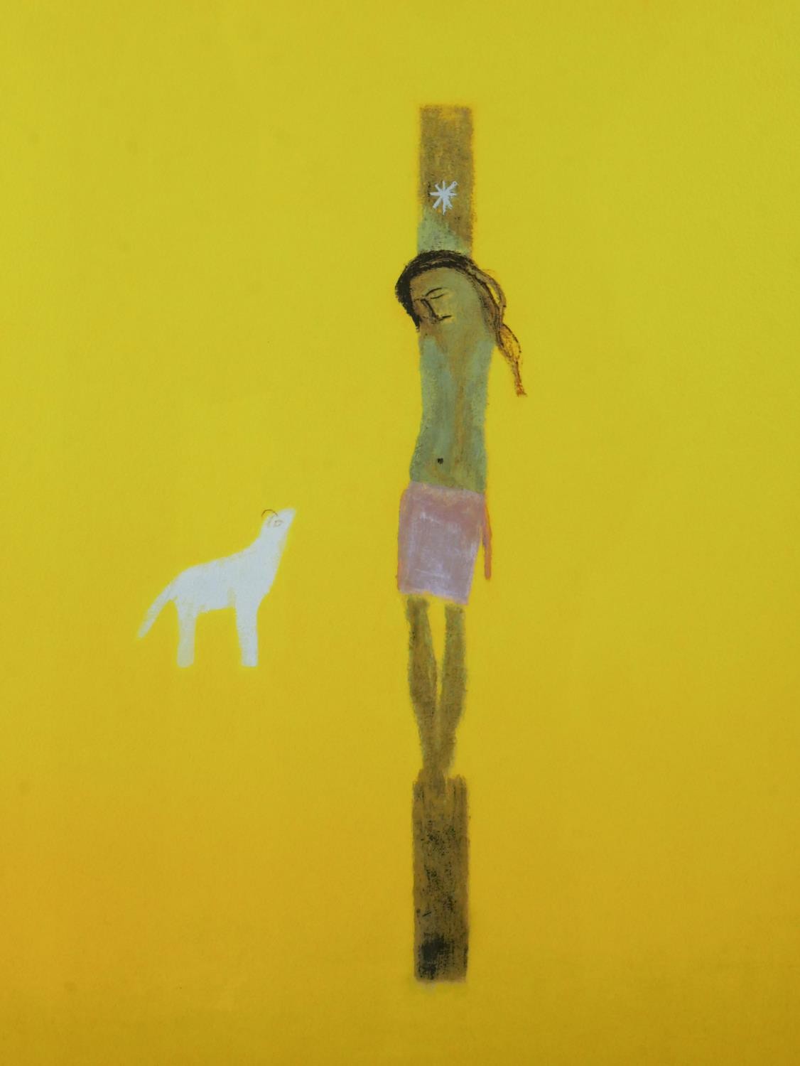 Craigie Aitchison, (1926 - 2009), Yellow Crucifixion, screen-print, unsigned. H.94 W.82cm