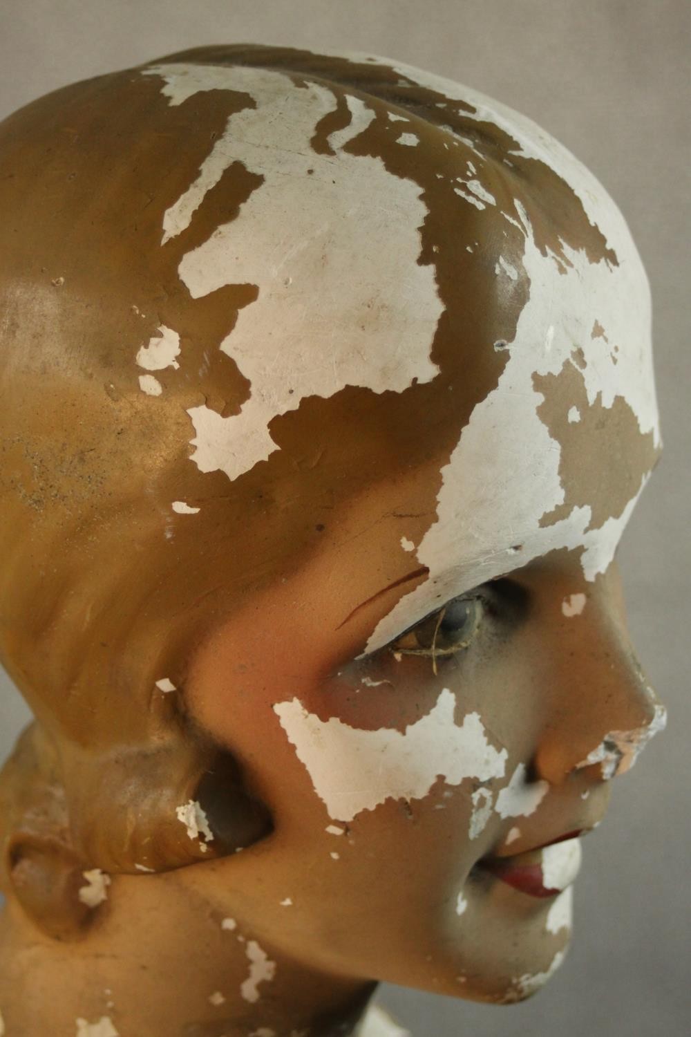 A circa 1930's painted plaster female mannequin bust. Damaged. H.57 W.27 D.25cm. - Image 4 of 5