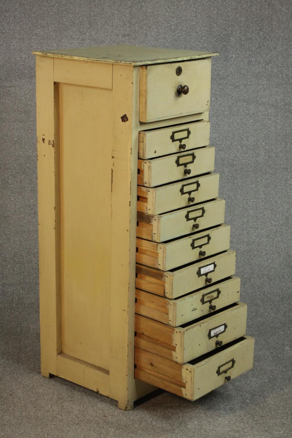 An early 20th century cream painted filing chest of ten drawers. H.99 W.38 D.37cm. - Image 4 of 6