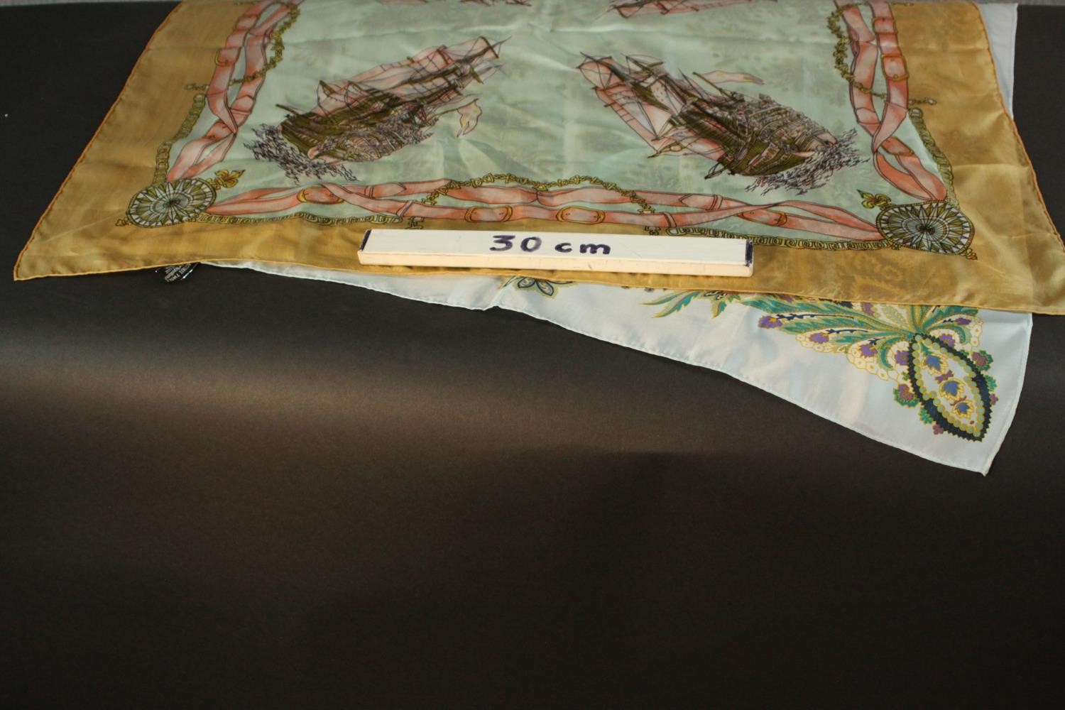 Two vintage silk scarves one with a galleon design and the other with a stylised floral and - Image 8 of 8