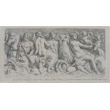 A 19th century engraving, a frieze of Classical figures, mythical beasts and animals. Inscription in