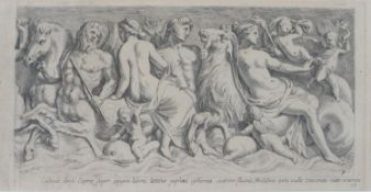 A 19th century engraving, a frieze of Classical figures, mythical beasts and animals. Inscription in