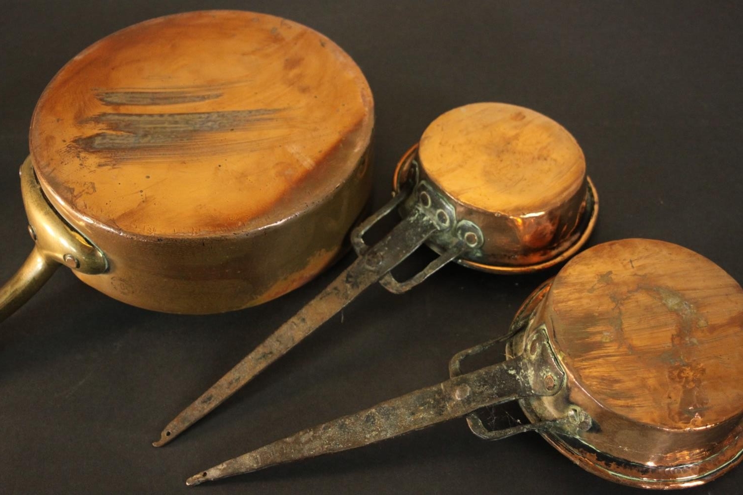 Three 19th century brass and copper pans. H.8 Dia.26cm. (largest) - Image 7 of 10