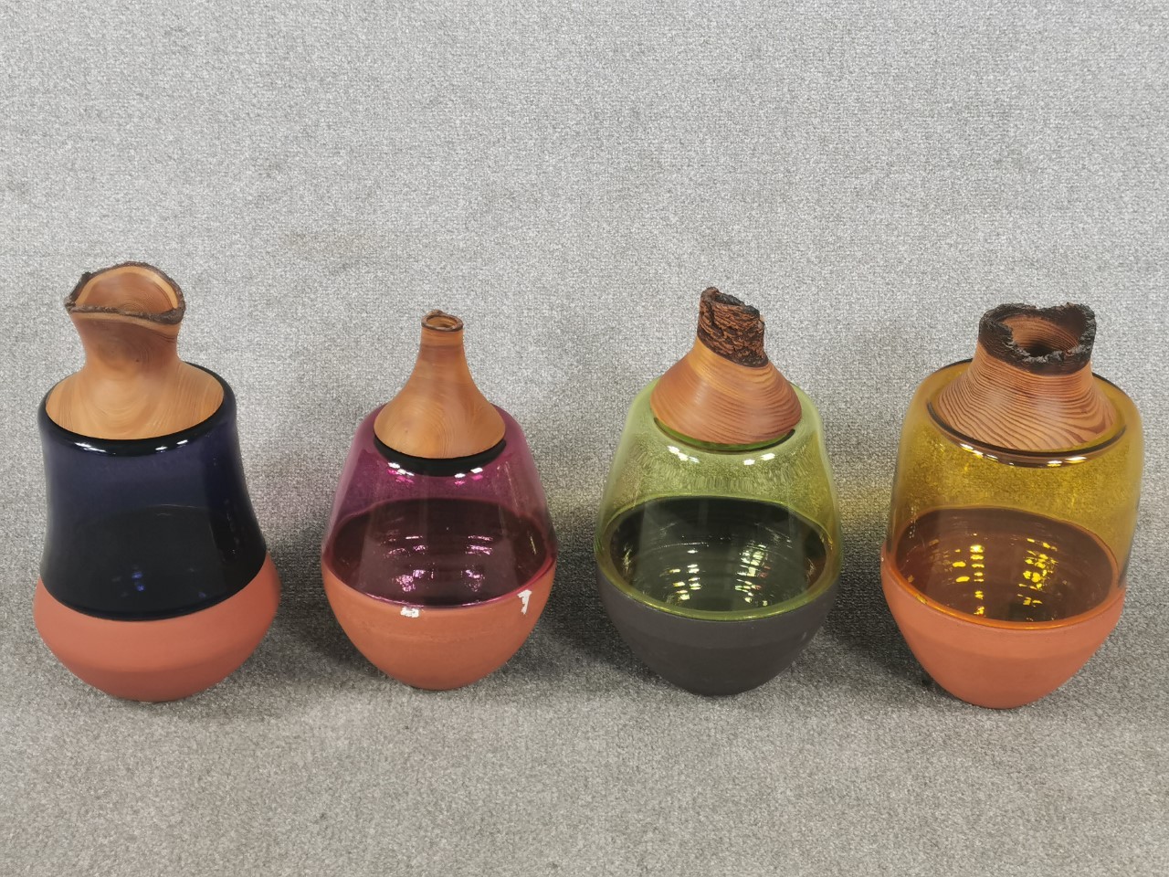 Four Utopia & Utility handblown coloured Czech glass, wheel thrown Italian ceramic and hand turned