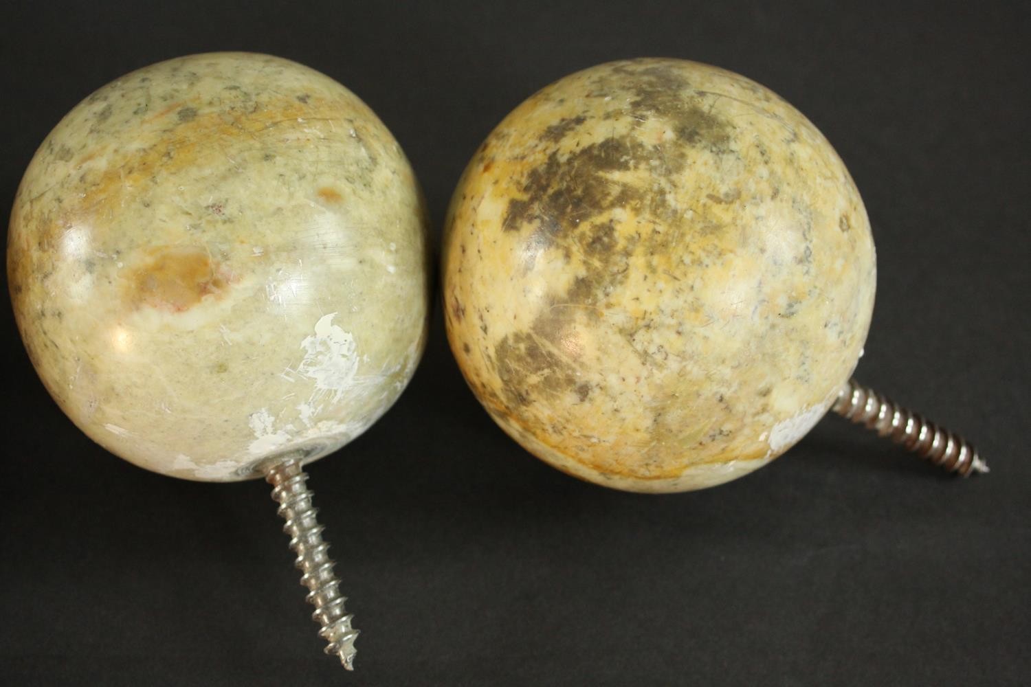 Two carved and polished marble carpet bowls converted into finials along with a pair of iron studded - Image 4 of 6