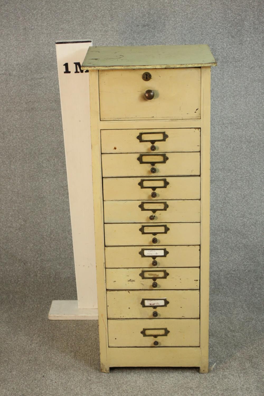 An early 20th century cream painted filing chest of ten drawers. H.99 W.38 D.37cm. - Image 2 of 6