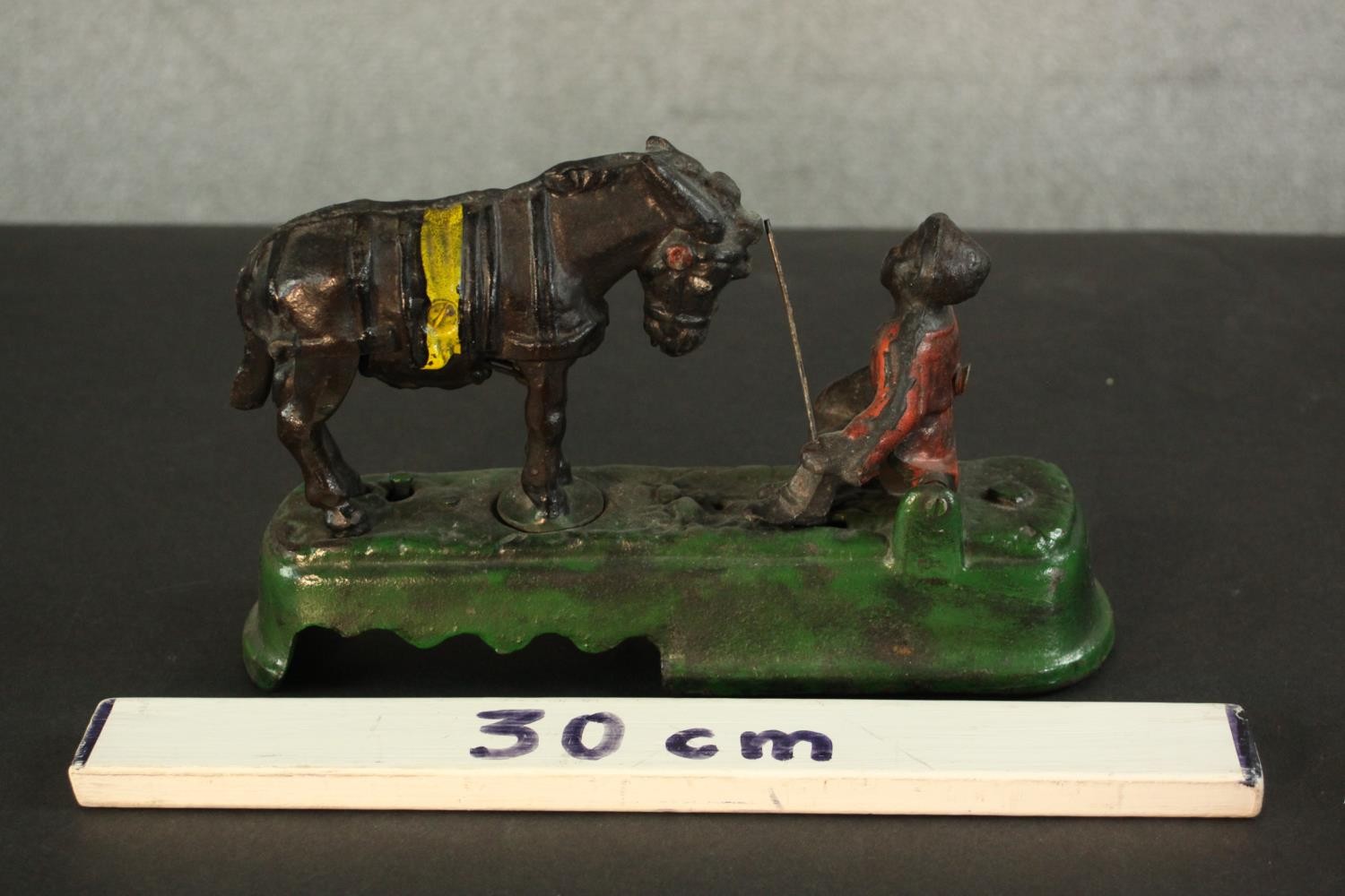 A vintage style painted cast iron mechanical money box of a boy and horse. The horse bucks - Image 2 of 5