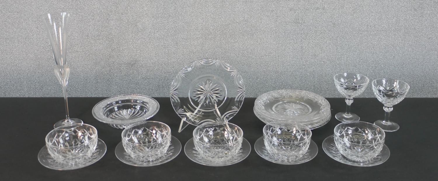 A collection of cut glass and crystal, including a set of five Webb Crystal dessert sets (bowl,