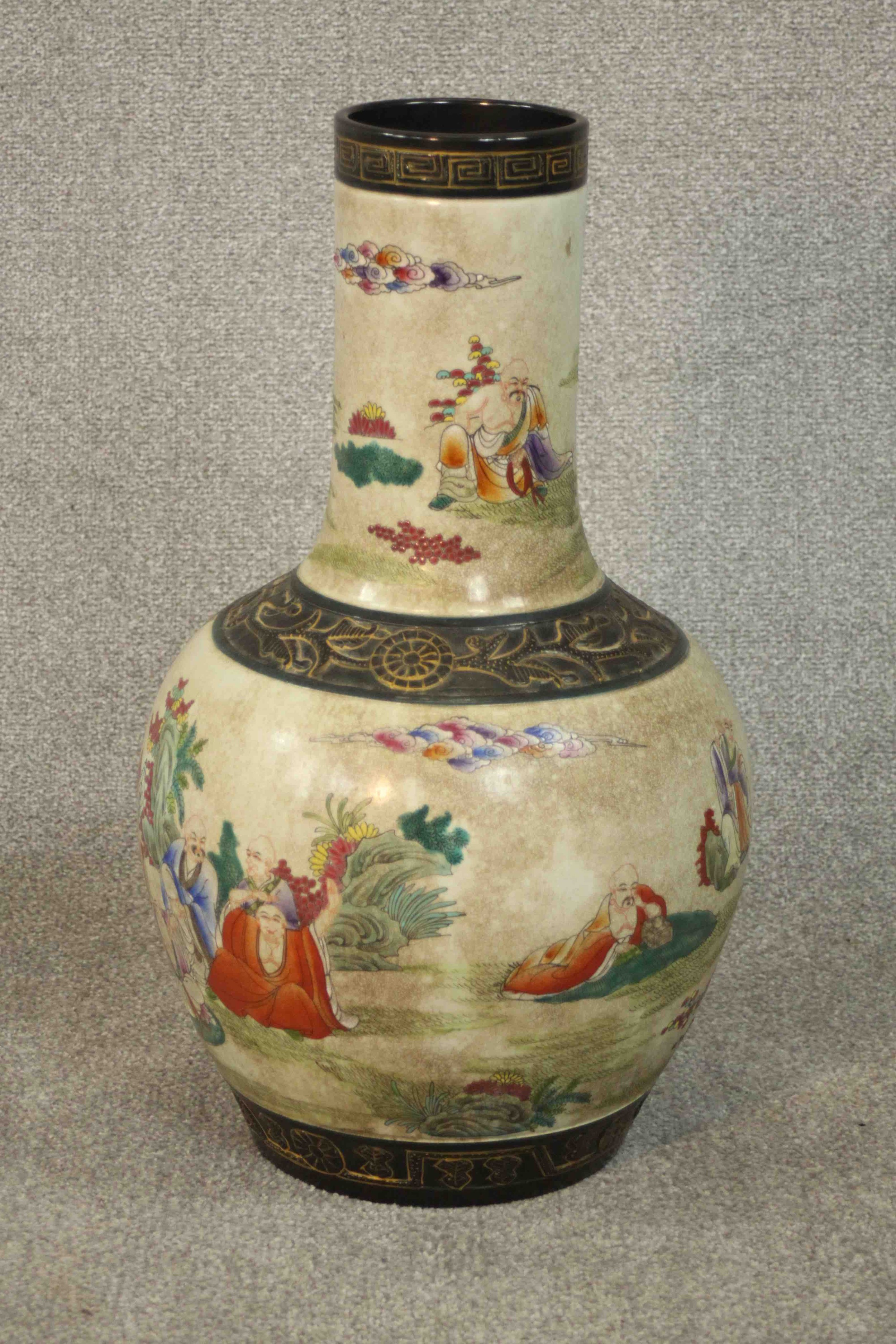 A large Chinese early 20th century crackle glaze vase of bulbous form decorated with a figural