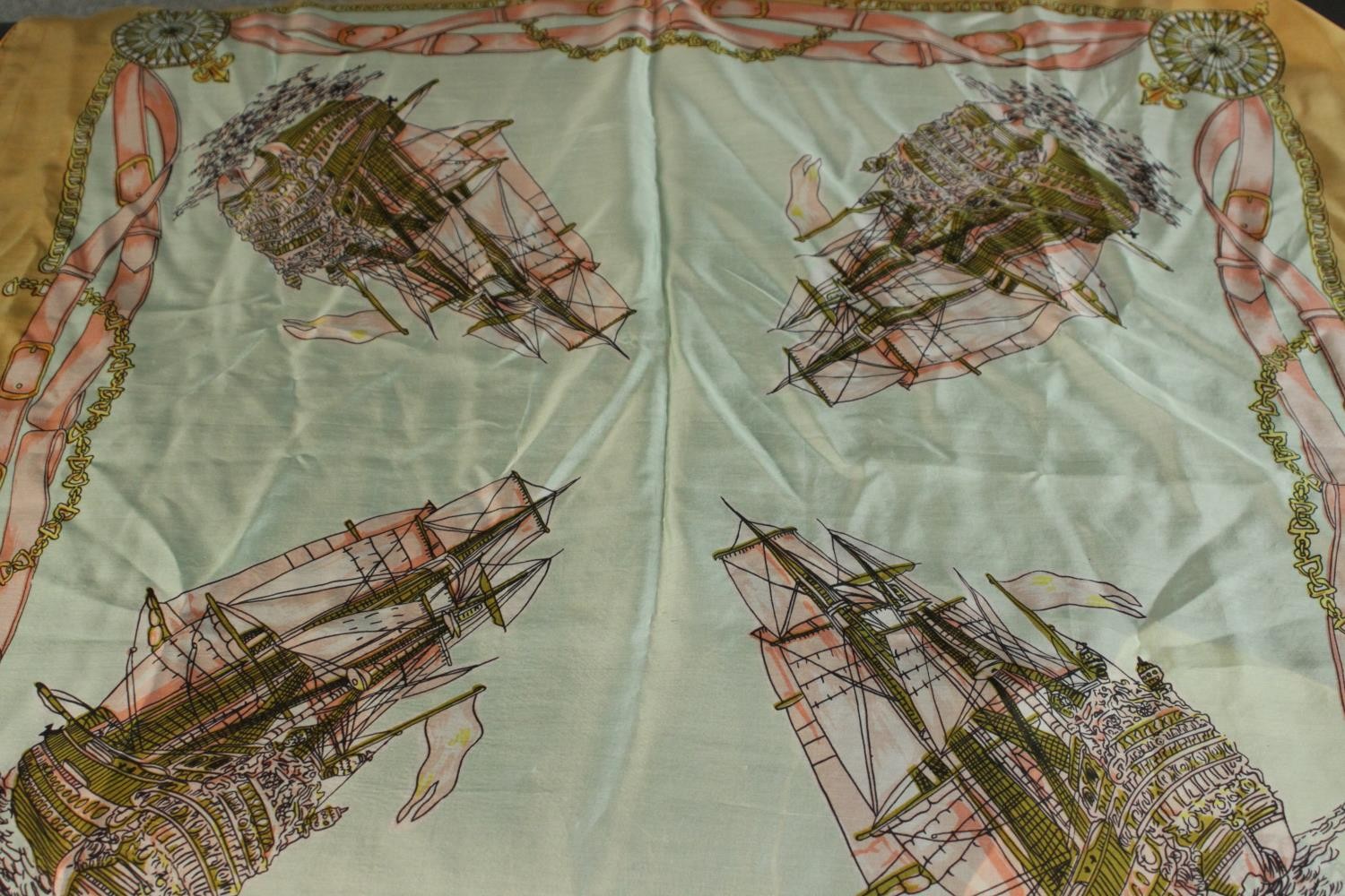 Two vintage silk scarves one with a galleon design and the other with a stylised floral and - Image 3 of 8