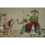 A framed and glazed Indo-Persian gouache on silk of a Mogul procession of elephants and horses