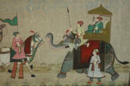 A framed and glazed Indo-Persian gouache on silk of a Mogul procession of elephants and horses