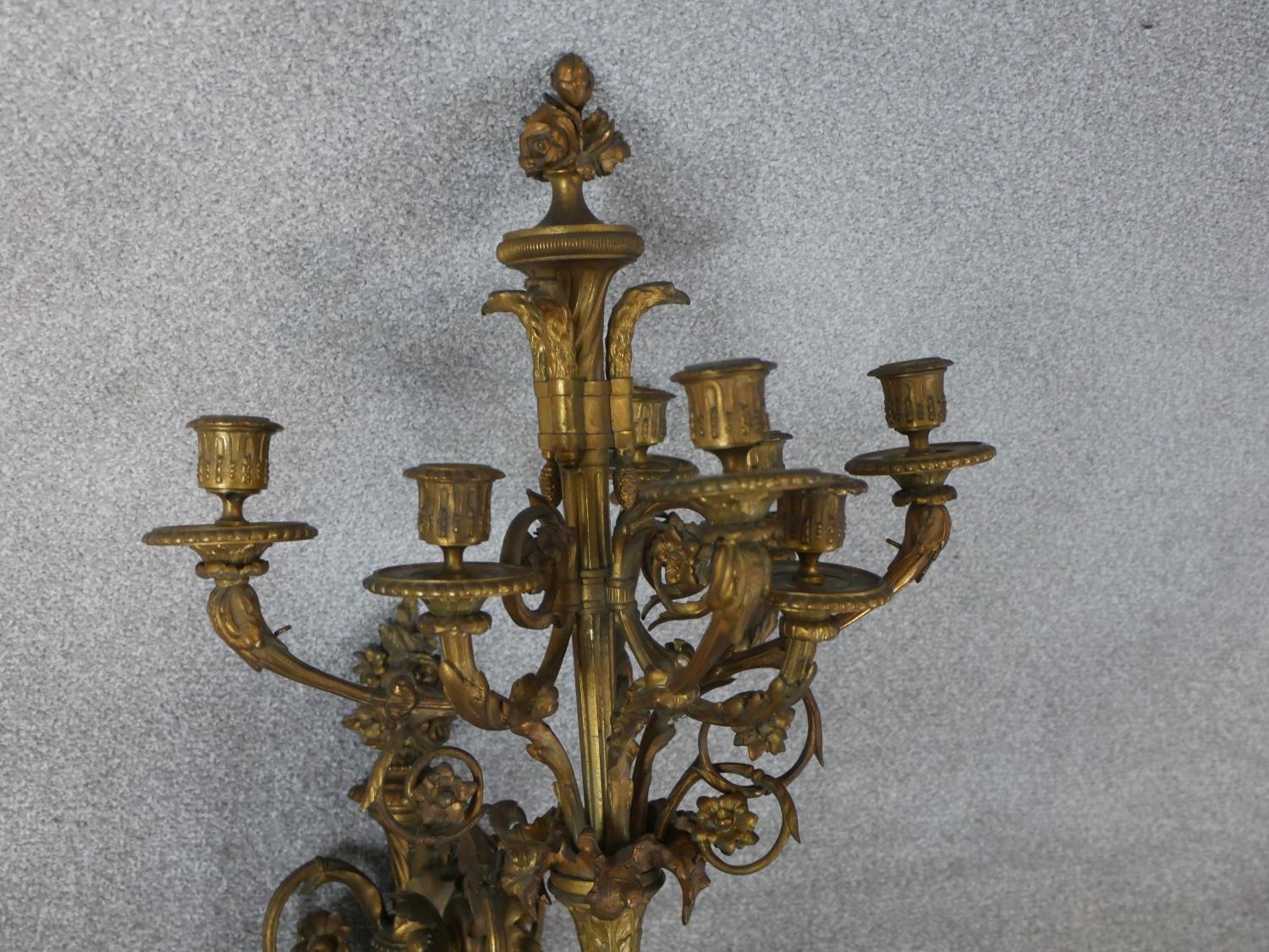 A late 19th century ormolu wall applique, the torch form wall mount hung with garlands of flowers - Image 4 of 8