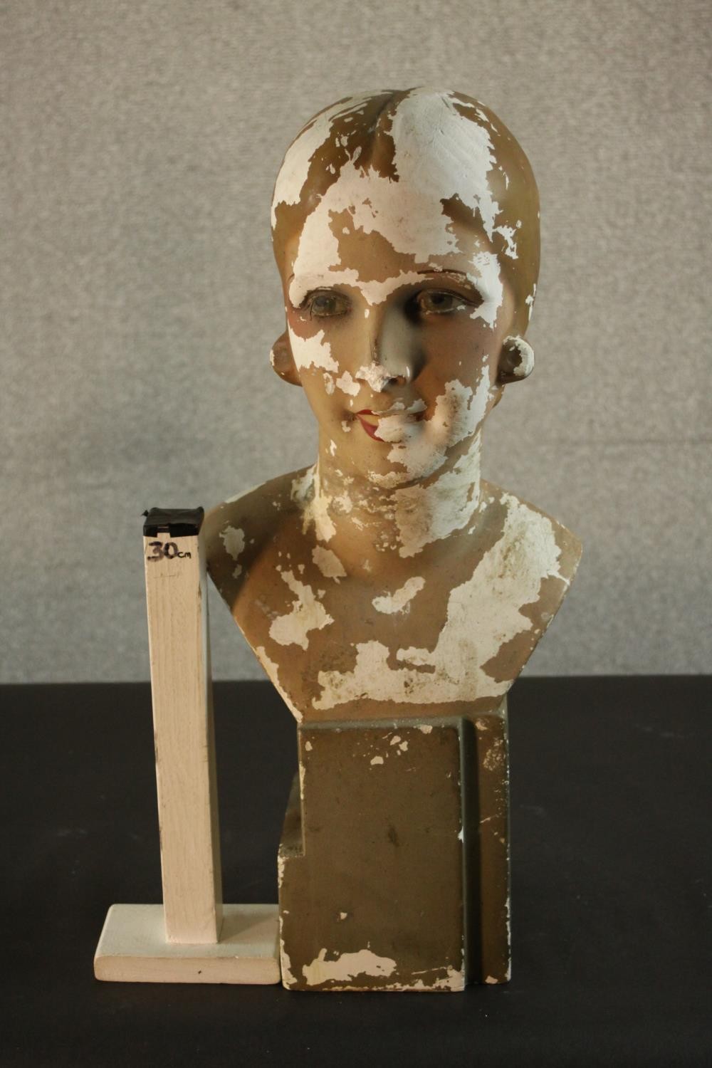 A circa 1930's painted plaster female mannequin bust. Damaged. H.57 W.27 D.25cm. - Image 2 of 5