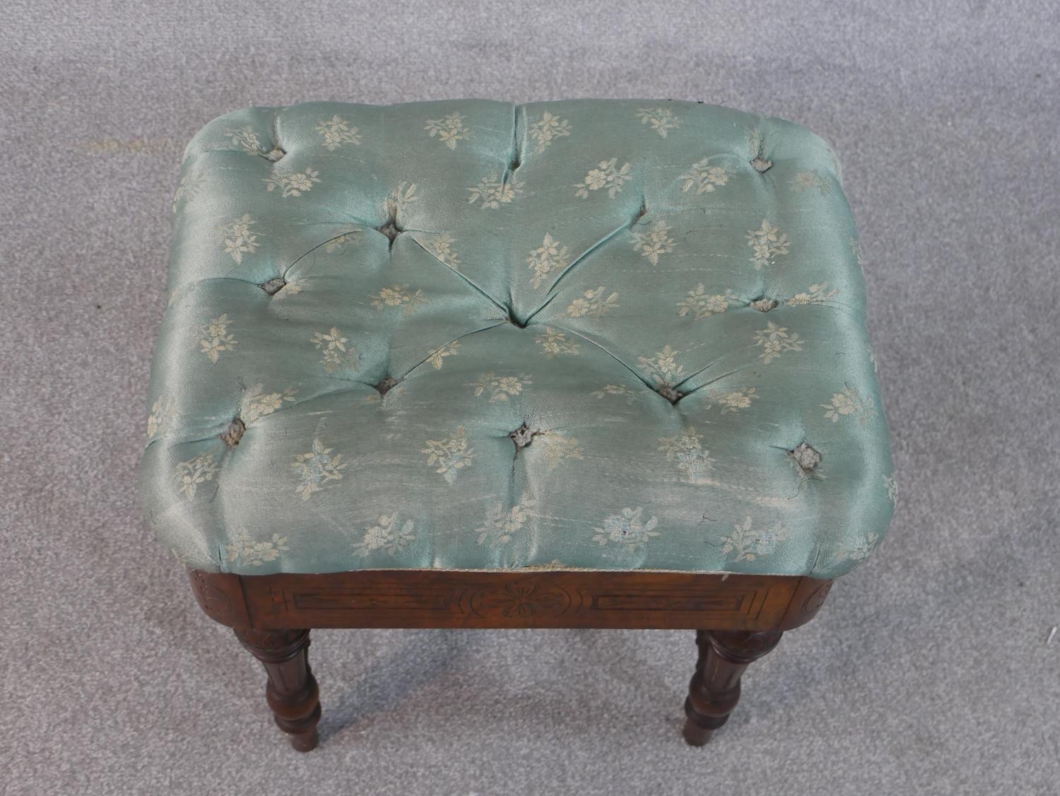 A Victorian James Shoolbred figured walnut piano stool, the buttoned seat upholstered in blue - Image 2 of 6