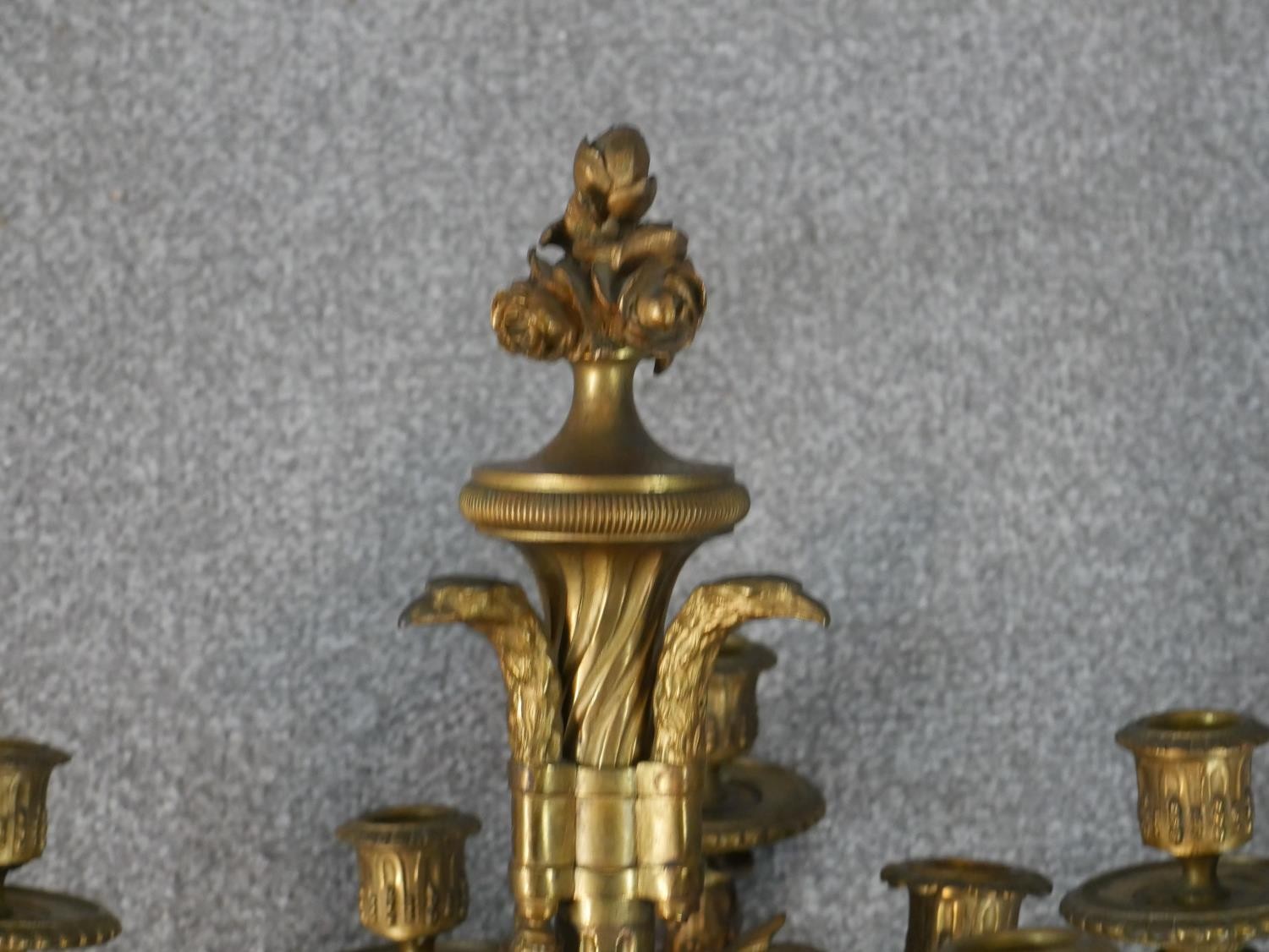 A late 19th century ormolu wall applique, the torch form wall mount hung with garlands of flowers - Image 6 of 8