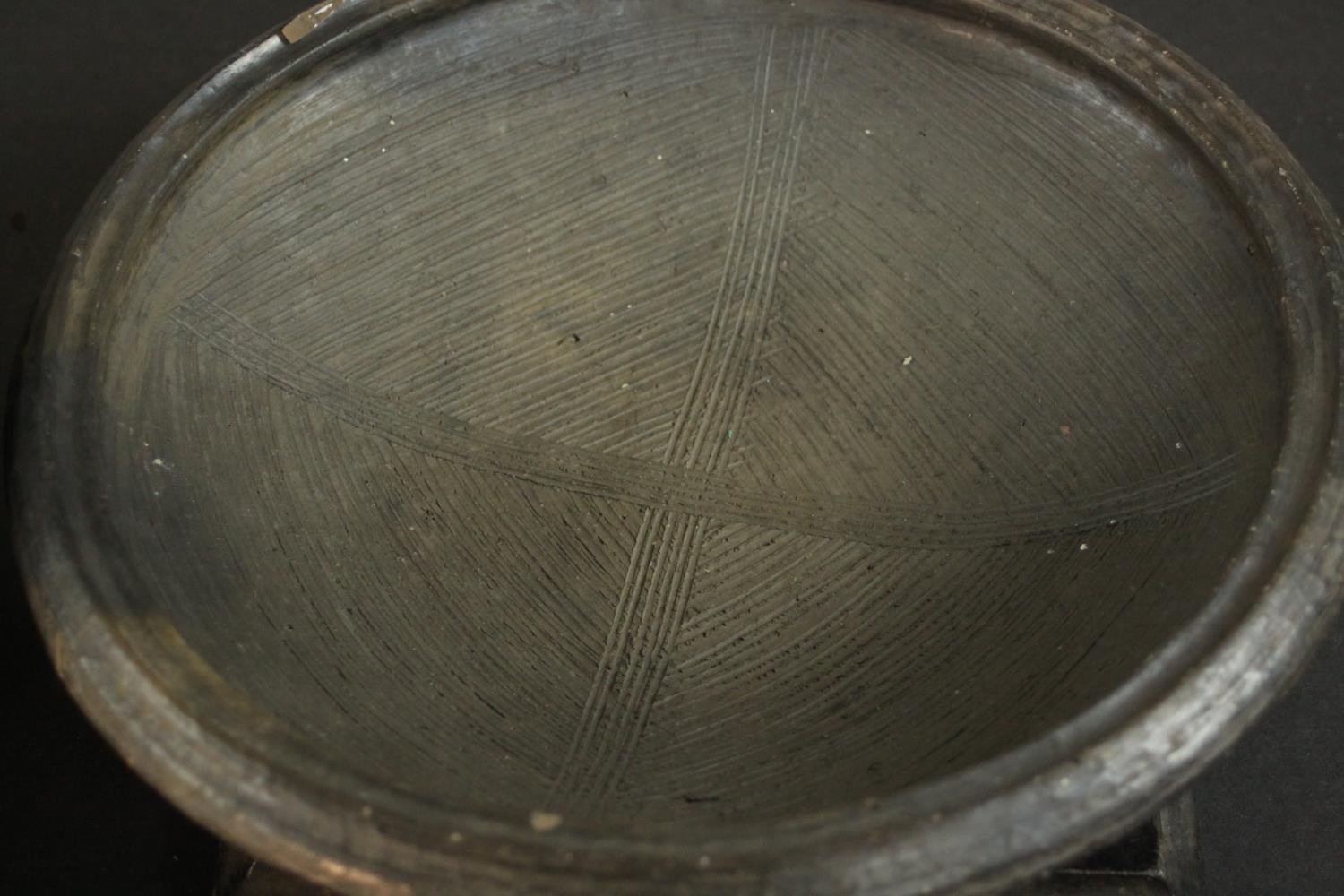 Two gold glaze art pottery bowls with two 19th century ebonised square stands. H.10 Dia.29cm. (each) - Image 4 of 7