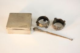 A collection of silver, including a cedar lined silver cigarette box, a pair of Art Nouveau silver