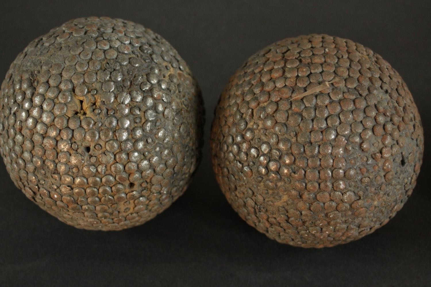 Two carved and polished marble carpet bowls converted into finials along with a pair of iron studded - Image 3 of 6