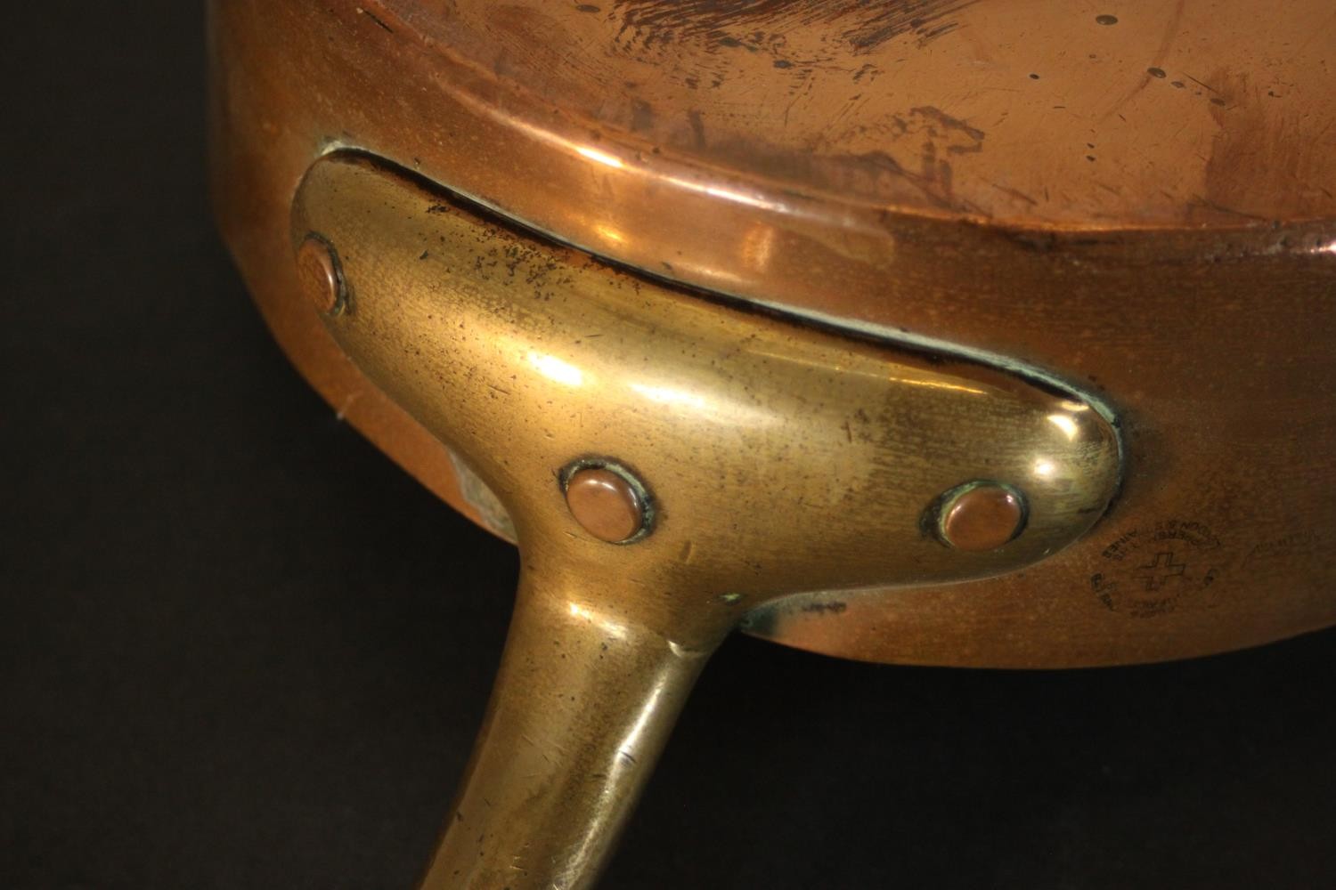 Three 19th century brass and copper pans. H.8 Dia.26cm. (largest) - Image 9 of 10