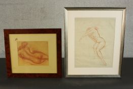 Two framed and glazed sanguine pencil drawings of female nudes, unsigned. H.58 W.47cm. (largest)