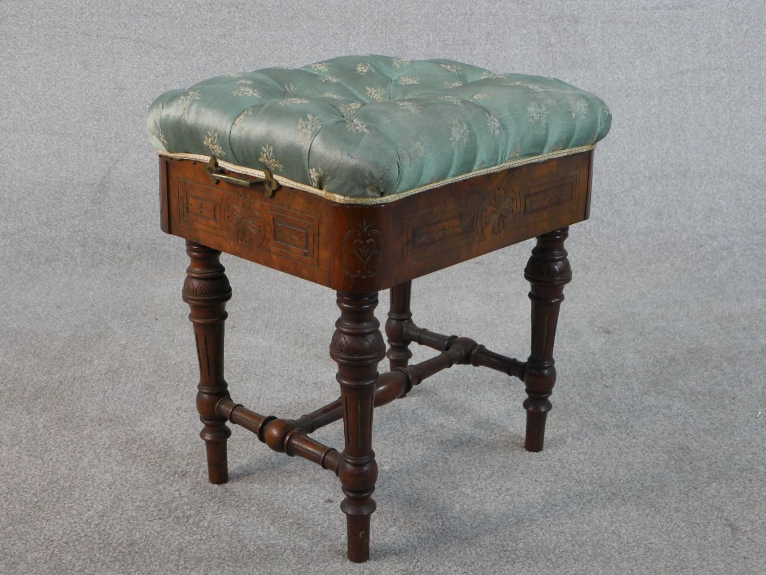 A Victorian James Shoolbred figured walnut piano stool, the buttoned seat upholstered in blue - Image 3 of 6