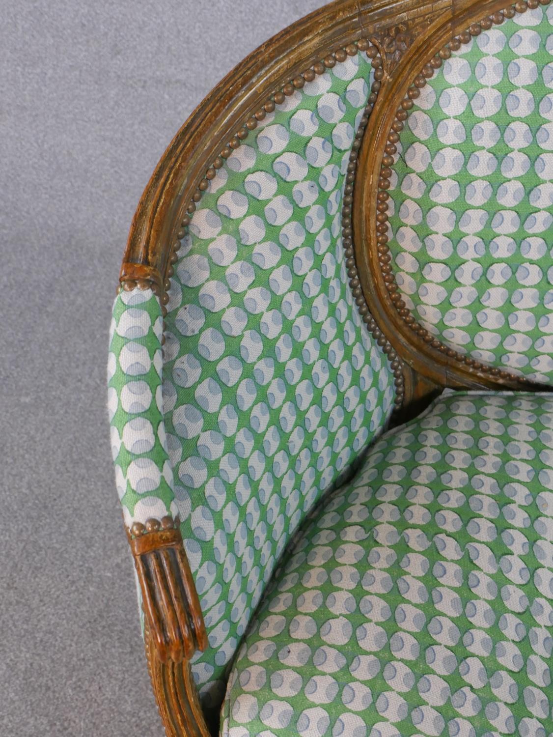 A carved Louis XVI style canape reupholstered in a retro style pale sage patterned material. H.91 - Image 6 of 6