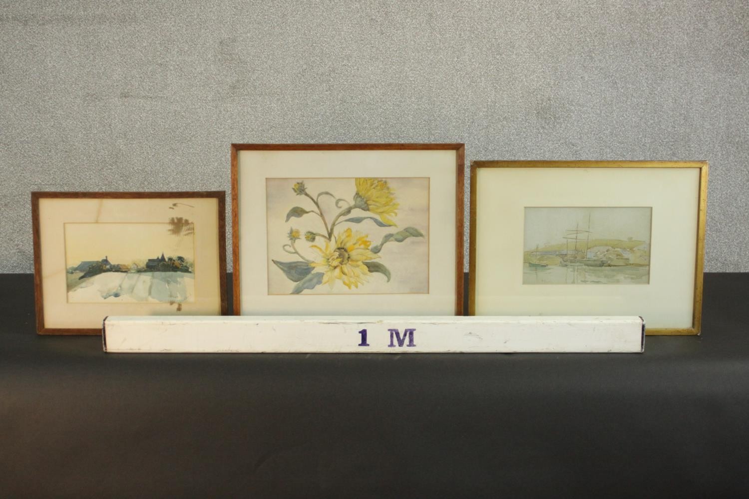 Three framed and glazed watercolours, sunflowers, boats in the harbour and a countryside - Image 2 of 12