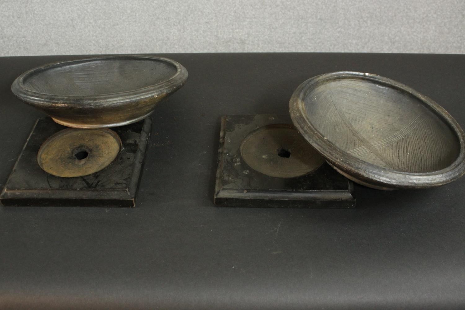 Two gold glaze art pottery bowls with two 19th century ebonised square stands. H.10 Dia.29cm. (each) - Image 6 of 7