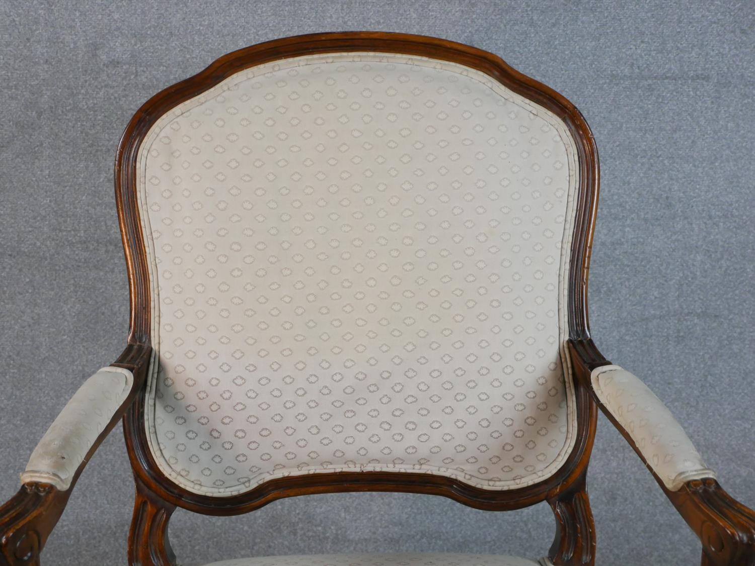 A French Louix XV style walnut fauteuil armchair, upholstered to the back, seat and arm pads with - Image 4 of 4