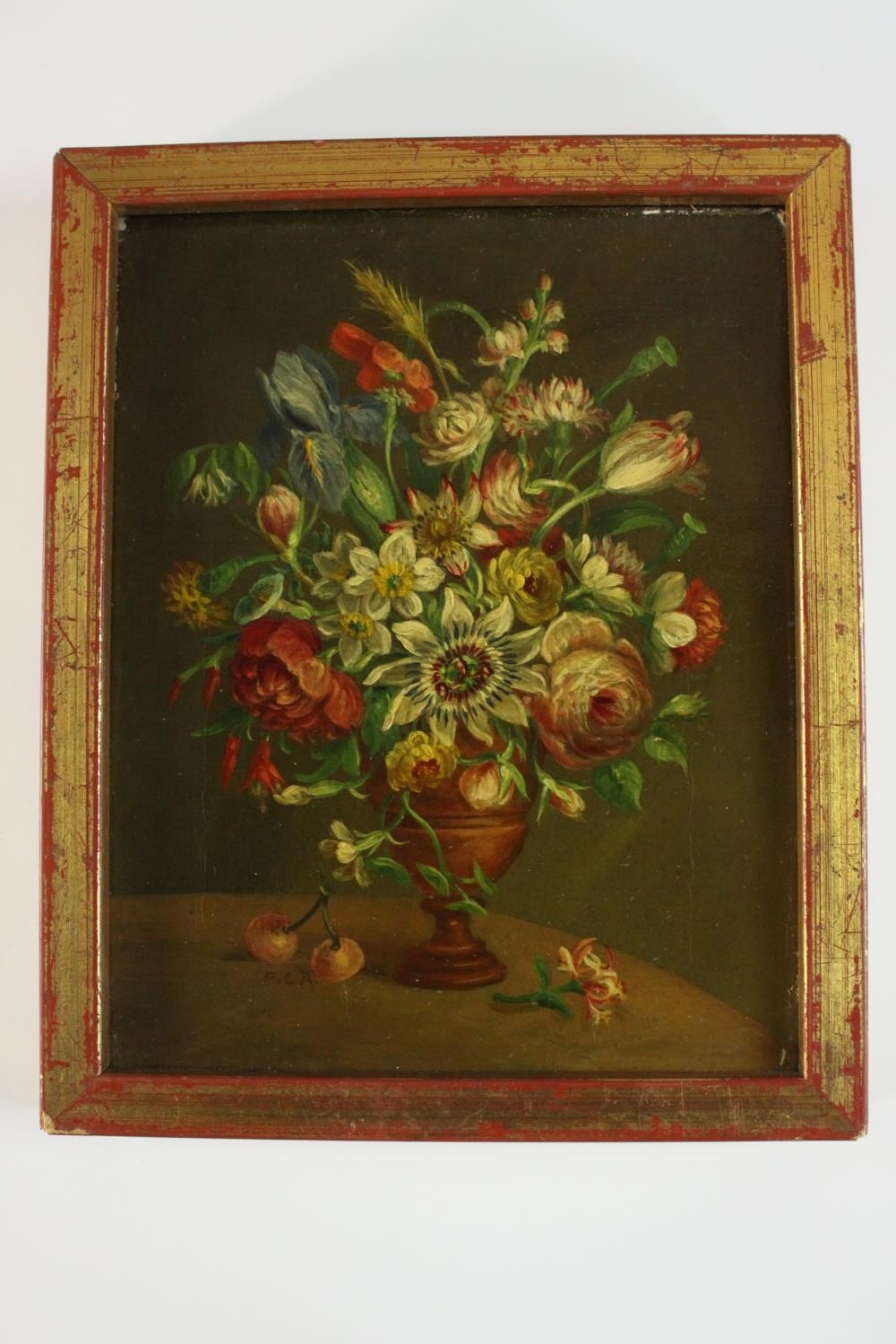 Dutch school, still life of flowers in a vase on a table, oil on canvas, signed F.C.A. lower left. - Image 2 of 6