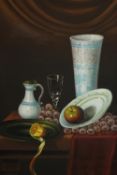 Contemporary school, Still Life Depicting Objects on a Table, oil on canvas. H.48 W.38cm.
