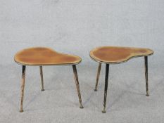 A pair of mid century shaped top occasional tables with lacquered tops on dansette supports. H.40