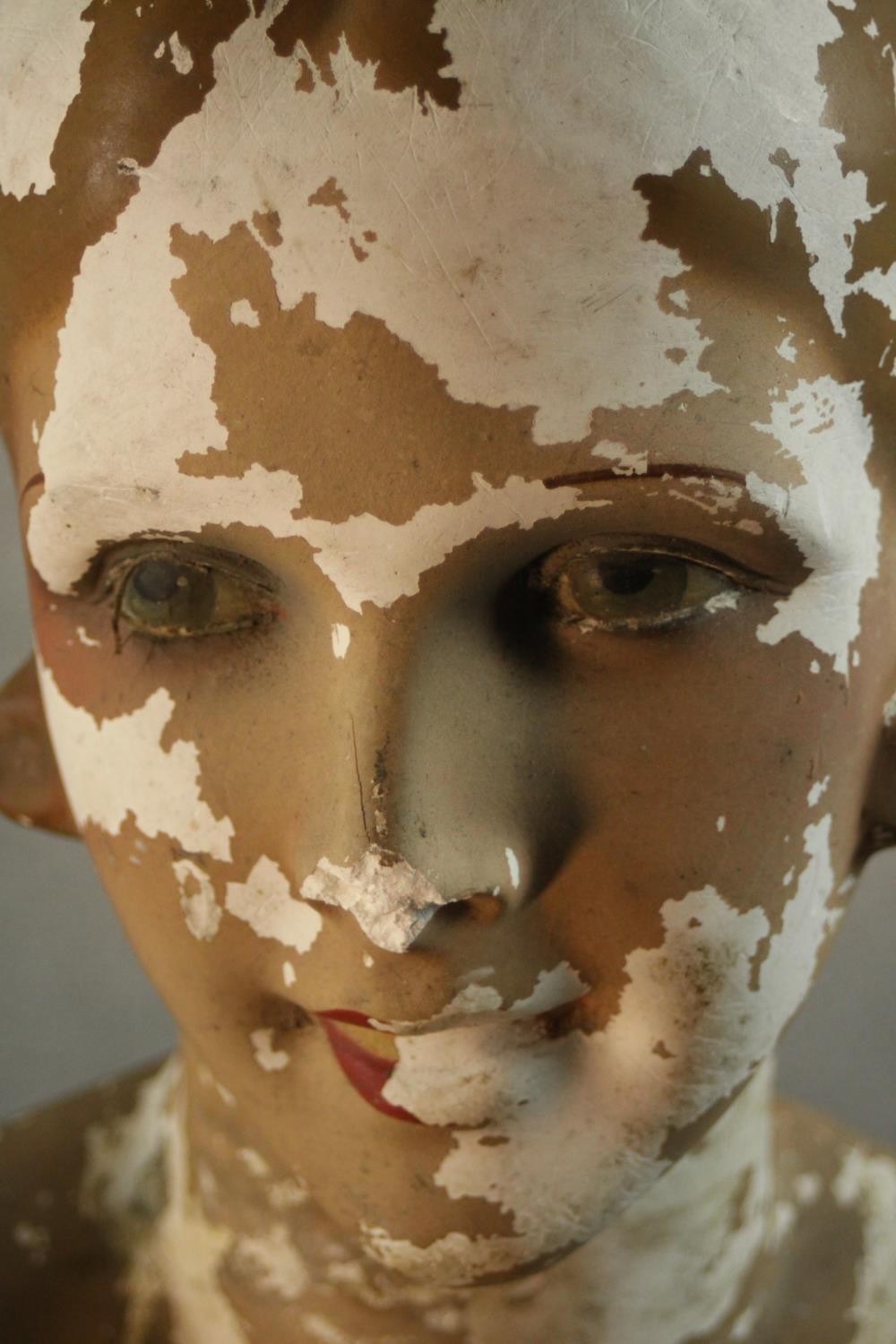 A circa 1930's painted plaster female mannequin bust. Damaged. H.57 W.27 D.25cm. - Image 3 of 5