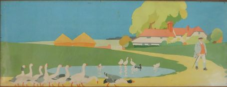A framed and glazed vintage print of a farmyard with geese by a pond, unsigned. H.44 W.108cm
