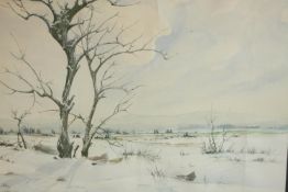 Jacek Stryjewski, watercolour of snowy landscape, signed and dated in pencil to mount. H.52 W.63.