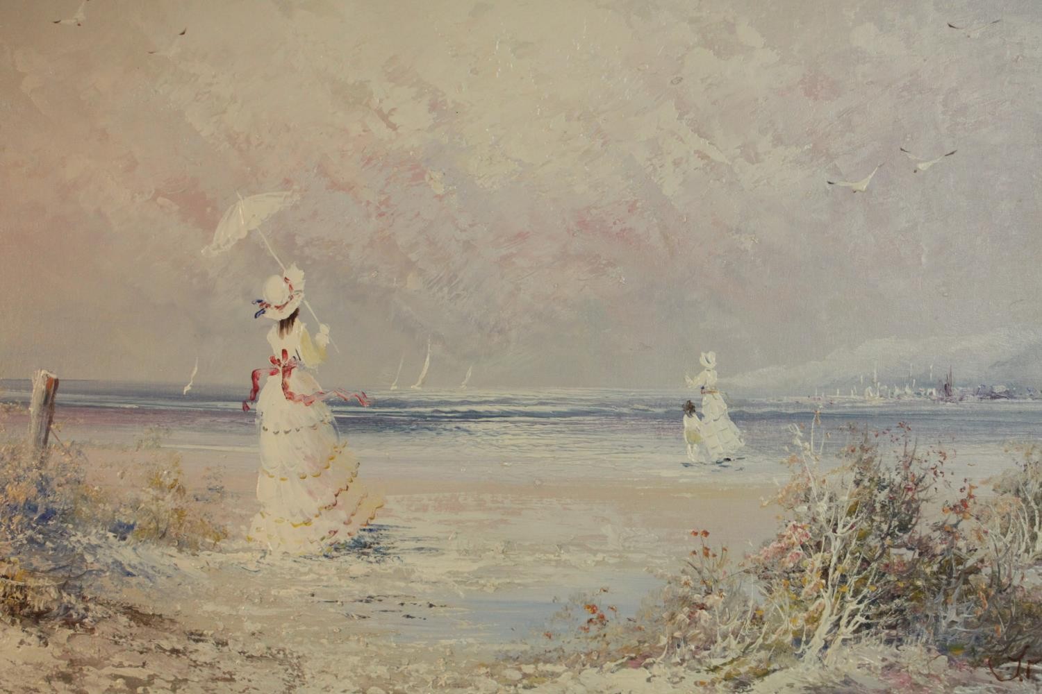 J Miller (Contemporary), Edwardian Beach Scene, acrylic, signed lower right. H.68 W.94cm.